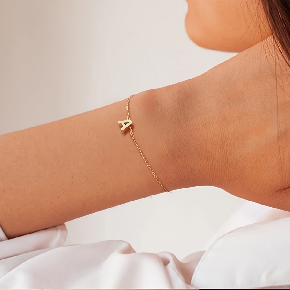 Golden Tone Stainless Steel Alphabet Bracelet Women Initial Charm Chain Link
